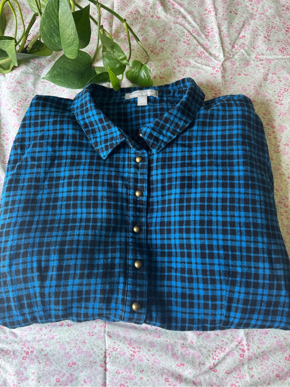 Woman Within Plus Size Blue and Black Plaid Flannel Midi Dress